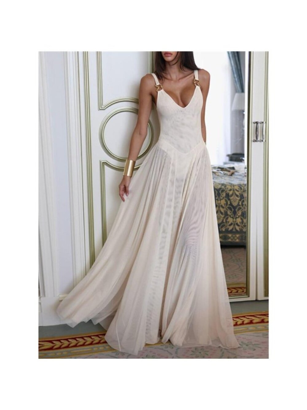 Sleeveless Sheer Maxi Dress with Gold Hardware Detail